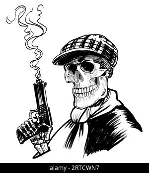 Squelette de bandit avec un pistolet fumant. Croquis noir et blanc dessiné à la main à l'encre Banque D'Images