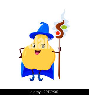 Coing jaune de dessin animé ou magicien de fruits de poire ou personnage de mage. Sorcier vectoriel mûr drôle, personnage magique dans le chapeau de sorcière et cape tenant le personnel. Souriant Illustration de Vecteur