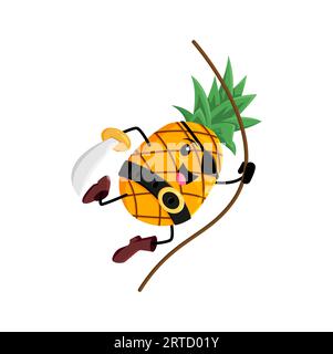 Pirate de fruit d'ananas de dessin animé et personnage de corsair. Vecteur plante tropicale marin attaque avec sabre accroché à la corde. buccaneer souriant isolé, libre Illustration de Vecteur