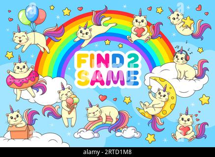 Trouver deux mêmes chats de caticorne drôles de dessin animé sur arc-en-ciel dans la feuille de calcul de jeu pour enfants, quiz de puzzle vectoriel. Trouvez et associez les mêmes photos de caticorne ou chat unico Illustration de Vecteur