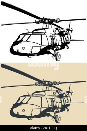 Illustration vectorielle stylisée d'un hélicoptère utilitaire à quatre pales, bimoteur, moyen portance gros plan Illustration de Vecteur