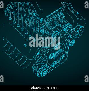 Illustration vectorielle stylisée du plan d'un puissant moteur en V turbocompressé gros plan Illustration de Vecteur