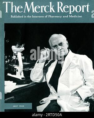 ALEXANDER FLEMING (1881-1955) médecin et microbiologiste écossais qui a découvert la pénicilline sur la couverture d'un numéro commémoratif du rapport Merck en 1955. Banque D'Images