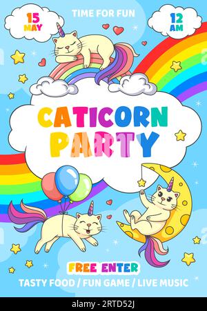 Dépliant de fête pour enfants avec des chats de caticorne drôles de dessin animé sur arc-en-ciel, affiche vectorielle d'événement de divertissement. Dépliant d'invitation de fête d'anniversaire ou de maternelle avec Illustration de Vecteur