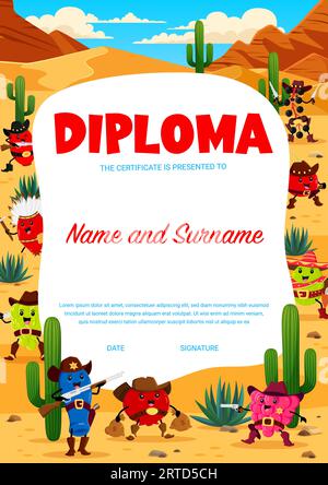 Diplôme d'enfants occidentaux, cow-boy de baie de dessin animé, shérif, ranger et personnages de bandit. Certificat scolaire Vector Education avec cerise, rose musquée, miel Illustration de Vecteur