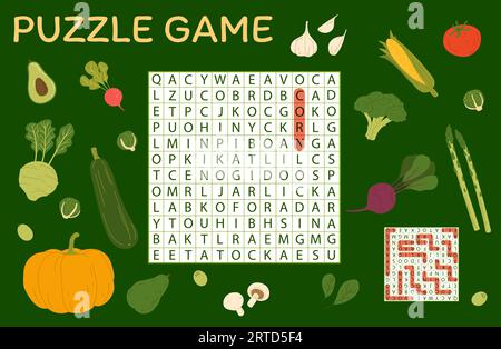 Jeu de puzzle de recherche de mots. Récoltez des légumes crus. Feuille de calcul de vecteur avec betterave, tomate, citrouille et courgettes. Brocoli, avocat, maïs et asperges. Garl Illustration de Vecteur