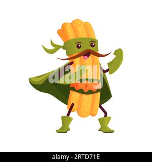 Personnage de super-héros mexicain de churros de dessin animé. Vector Funny latin tex mex pâtissier défenseur en cape et masque, personnage drôle pour le menu enfants. Super héros sw Illustration de Vecteur