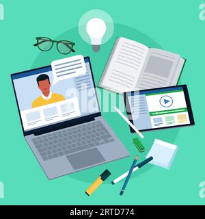 Concept d'apprentissage et d'éducation en ligne : professeur donnant des cours en ligne sur un écran d'ordinateur portable et des accessoires Illustration de Vecteur