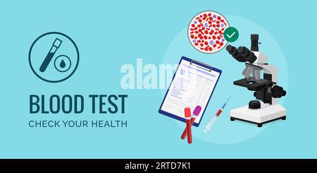 Test sanguin et diagnostic : microscope, échantillons de sang et dossiers médicaux, bannière avec espace de copie Illustration de Vecteur