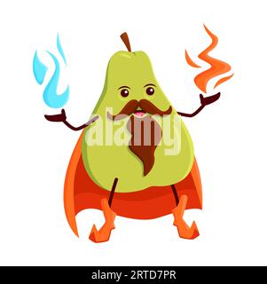 Personnage magicien de fruits de poire de dessin animé ou magicien. Sorcier vecteur mûr drôle, mage, personnage de nourriture vitaminée dans la cape avec le feu magique dans les mains. Souriant mu Illustration de Vecteur