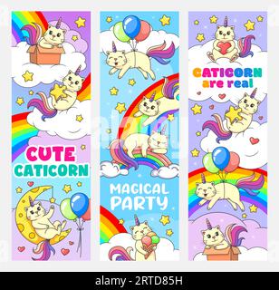 Dessins animés chats mignons de caticorne et personnages de chatte sur arc-en-ciel. Bannières verticales de vecteur de fête d'enfants avec chaton joyeux de conte de fées avec des cornes de licorne, mignon Illustration de Vecteur