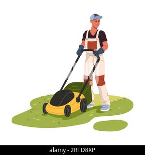 Dessin animé jardinier homme personnage tondant pelouse avec tondeuse à gazon. Personnage de travailleur de service d'entretien de pelouse de vecteur dans des combinaisons uniformes et chapeau coupant l'herbe verte Illustration de Vecteur