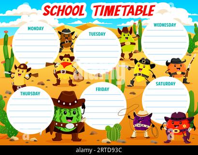 Calendrier horaire avec cow-boy occidental de dessin animé, shérif et personnages de fruits voleurs, paysage Far West. Programme de vecteur d'éducation pour enfants avec pomme, Illustration de Vecteur