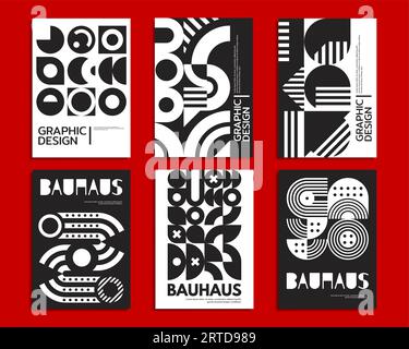 Affiches géométriques monochromes du bauhaus. Motifs abstraits de formes graphiques vectorielles avec des cercles blancs noirs, des lignes, des points et des croix, des triangles, des yeux et Illustration de Vecteur