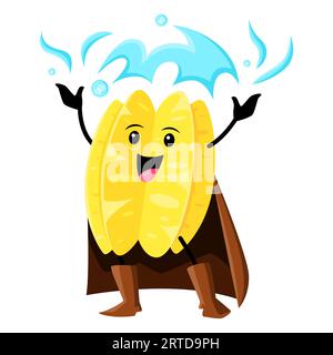 Carambola tropical sorcier, warlock ou mage ou personnage de dessin animé. Magicien de fruit d'étoile de vecteur avec puissance d'énergie magique ou sort de lancer de prana. Sorcier drôle à cape, personnage fascinateur sain Illustration de Vecteur