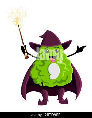 Dessin animé bergamote fruit tropical magicien ou personnage. Vector Citrus nécromancer personnage de conte de fées Halloween avec baguette magique incandescente. Drôle de sourire wiz Wear cape, nourriture vitaminée de sorcier mignon Illustration de Vecteur