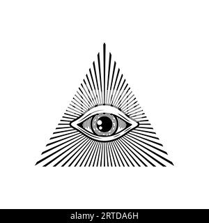 Oeil de la providence théorie du complot talisman magique. Symbole maçonnique vectoriel, tous voyant l'œil à l'intérieur de la pyramide triangulaire. Triangle sacré avec signe de vision Illustration de Vecteur