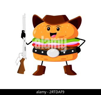 Personnage shérif de hamburger de restauration rapide de dessin animé. Café de rue ou repas de restaurant à emporter mascotte enfantine du shérif occidental, garde-hamburger ou personnage vectoriel isolé du Far West Bandit avec fusil Illustration de Vecteur