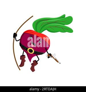 Pirate de légumes de betterave de dessin animé et caractère corsaire. Vecteur marin de betterave attaque avec mousquet suspendu à la corde. Légumes buccaneer souriants isolés, freebooter, livre picaroon pour enfants ou personnage de jeu Illustration de Vecteur