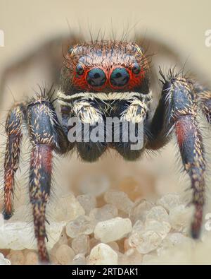 Portrait d'une araignée sauteuse mâle aux yeux bleus et à la tête rouge et blanche, sur la plage (Pellenes tripunctatus) Banque D'Images