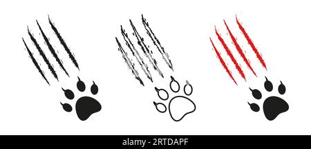 Empreinte de patte de chat avec des rayures, des marques de griffe. Silhouette noire, contour, couleur sanglante. Vecteur isolé sur blanc. Icônes. Patte de tigre sauvage, lion, puma, léopard, guépard, jaguar, cougar manul lynx serval Illustration de Vecteur