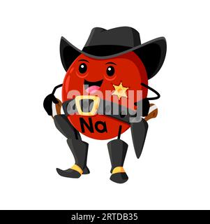 Caricature sodique ou natrium micronutriments shérif personnage de cow-boy. Vecteur drôle Na élément avec des pistolets. Vitamine Wild West ranger personnage porter chapeau, bottes et ceinture. Fantastique Texas WESTERN Hero Illustration de Vecteur