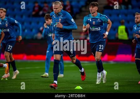 Oslo, Norvège, 12 septembre 2023. Le Norvégien Erling Braut Haaland et le Norvégien Jørgen Strand Larsen attaquent aujourd'hui la Norvège dans le match de qualification Euro 2024 entre la Norvège et la Géorgie au Ullevål Stadium d'Oslo. Crédit : Frode Arnesen/Alamy Live News Banque D'Images