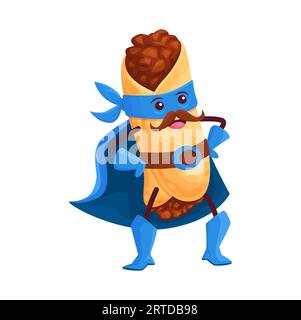 Personnage de super-héros tex mex burrito de dessin animé. Drôle de vecteur mexicain de livre de comics super héros de nourriture, envelopper avec de la viande hachée dans la cape et le masque. Puissant défenseur mustaché de conte de fées isolé Illustration de Vecteur