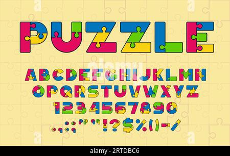 Police ou type de puzzle. Alphabet de caractères de puzzle. Lettres majuscules colorées vectorielles, chiffres et signes faits de pièces connectées multicolores. Symboles typographiques alphabétiques dans un style ludique enfantin Illustration de Vecteur