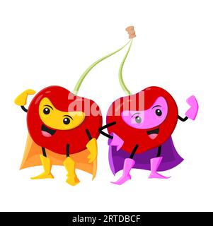 Personnage de super-héros ou défenseur de cerise de dessin animé. Vecteur joyeux cerises jumelles personnages super héros joints avec tige. Fruits isolés en cape, bottes, gants et masque. Nourriture vitaminée saine drôle Illustration de Vecteur