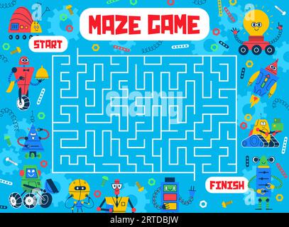 Labyrinthe labyrinthe, aider les robots de dessin animé et les droïdes à trouver la sortie, feuille de travail de jeu pour enfants. Quiz de puzzle vectoriel avec labyrinthe rectangulaire et personnages drôles de jouets robots, de machines spatiales et de cyborgs humanoïdes Illustration de Vecteur