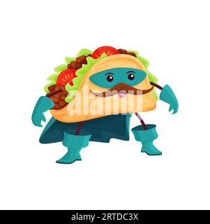 Personnage de super-héros Cartoon tex mex tacos. Vecteur drôle de livre de comics super héros mexicain de nourriture dans cape, bottes, gants et masque. Vigilant isolé de conte de fées puissant avec des moustaches Illustration de Vecteur