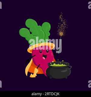 Radis de bande dessinée magicien légume d'Halloween, sorcière et personnage de mage. Légumes magiciens vectoriels avec pot de potion et bâton magique. Drôle de sorcier souriant, fascinateur de nourriture saine brassant wiz concoction Illustration de Vecteur