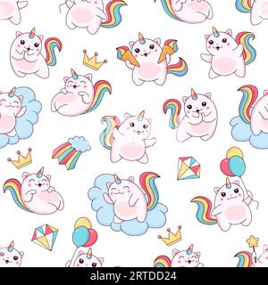 Dessin animé Cute caticorn sans couture motif avec des personnages drôles de licorne animal de chat. Fond vectoriel de chats roses kawaii ou de chatons avec des queues et des cornes arc-en-ciel, des nuages, des cônes de crème glacée et des ballons Illustration de Vecteur