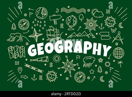 Fond de géographie avec des signes et des symboles de carte sur le tableau noir de l'école. Boussole à la craie d'esquisse vectorielle, carte du monde et globe terrestre, nuages, soleil et montagnes, étoile du Nord, rose des vents et signes cartographiques Illustration de Vecteur