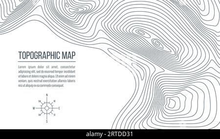 Carte topographique. Grille, lignes de contour en relief de terrain abstrait, fond vectoriel de topographie, cartographie et thèmes géographiques. Carte TOPO avec rose des vents vintage compas et motif de courbes isolignes Illustration de Vecteur