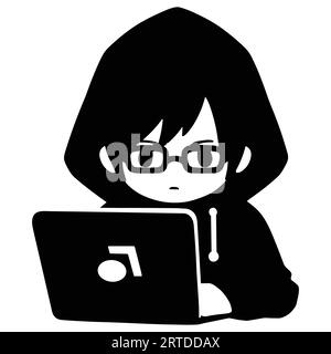 Pirate informatique avec ordinateur portable couleur noir et blanc Illustration de Vecteur