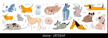 Mignons chiens et chiots ensemble, personnages canins heureux de dessin animé dans différentes poses. Animaux drôles debout, couchés, jouant, assis, ronger l'os. Teckel de couleur vectoriel de dessin au trait, caniche, spitz, chiot, dalmatien Illustration de Vecteur