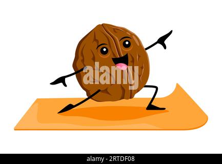 Personnage de noix de noyer de dessin animé sur le sport de fitness de yoga. Le personnage de graine de vecteur entière isolée non pelée se tient en position asana sur le tapis. Yogi de noyau heureux avec coquille brune, entraînement d'entraînement d'aliments sains naturels Illustration de Vecteur