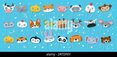 Masques d'animaux de fête de carnaval de dessin animé. Vecteur vache, chat, poussin et cochon, mouton, coq ou singe. Chien, grenouille, girafe et cerf, zèbre, souris ou canard. Tigre, pingouin, lapin et lion avec éléphant ou ours Illustration de Vecteur