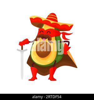 Personnage de super-héros d'avocat drôle de dessin animé, vecteur isolé de légumes traditionnels mexicains ou de fruits super héros. Menu enfants drôle tex mex food personage en cape, masque et chapeau sombrero avec épée à la main Illustration de Vecteur