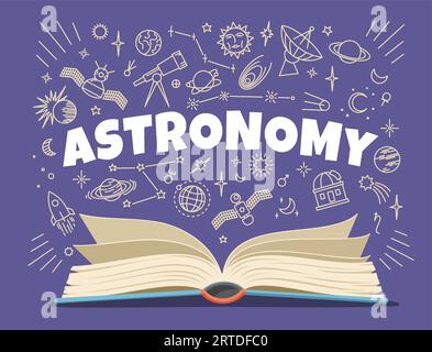 Manuel d'astronomie, symboles et icônes sur le conseil scolaire, éducation vectorielle. Planètes spatiales, Lune et étoile solaire, télescope et satellite d'orbite esquissent des signes de craie et livre ouvert, système solaire de galaxie d'univers Illustration de Vecteur