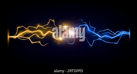 Foudre vs coup de foudre. Concept de vecteur abstrait de combat d'énergie bleu et orange électrique, de confrontation ou de combat. Collision de deux forces, chaud et froid puissance étincelante avec décharge incandescente électrique Illustration de Vecteur