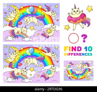 Trouver dix différences jeu. Dessin animé chats de caticorne drôles sur arc-en-ciel. Puzzle éducatif ou récréatif vectoriel pour enfants avec des personnages fantastiques chatons de licorne kawaii mignons. Ridge pour enfants, activité de loisirs Illustration de Vecteur