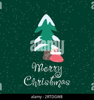 Carte de Noël avec un sapin de Noël et un sac Père Noël avec des cadeaux sur un fond vert foncé avec des flocons de neige. Illustration de Vecteur