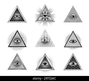 Oeil pyramidal illuminati ou maçon, symbole de providence occulte, tatouage mystique vintage, signe spirituel ésotérique. GOG tous voyant ou providence oeil maçonnique, astrologie ou symboles gravés vectoriels sorciers Illustration de Vecteur