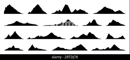 Silhouettes isolées de colline noire, de roche et de montagne. Contour de relief, sommets de la chaîne de montagnes ou frontière de vecteur de terrain de la nature avec des sommets alpins, collines silhouettes collection Illustration de Vecteur