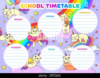 Calendrier horaire avec dessins animés chats de caticorne joyeux et personnages de chatte, arc-en-ciel dans le ciel. Les classes d'école vectorielles programme hebdomadaire ou planificateur avec chat licorne mignon, personnages de caticorne drôle sur arc-en-ciel Illustration de Vecteur