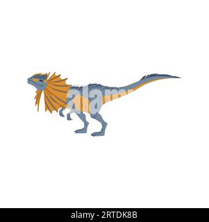 Dilophosaurus théropode dinosaure animal de dessin animé. Animal Dino, personnage bébé dinosaure enfants. Dino avec écusson sur le cou, créature préhistorique éteinte Illustration de Vecteur