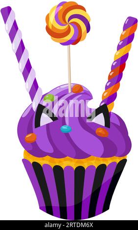 Cupcake aux myrtilles violettes avec bonbons et oreilles de chat. Dessert d'Halloween décoré. Clipart de bonbons de dessin animé pour le menu, carte de voeux, invitation de fête Illustration de Vecteur